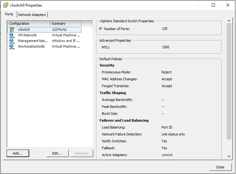New VLAN port group in vSphere Standard Switch properties