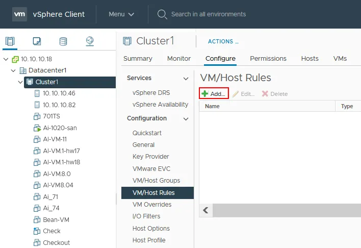 Adding affinity rules in vCenter DRS settings