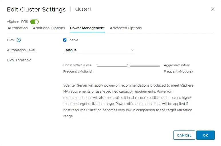 Configuring power management options in vSphere DRS settings