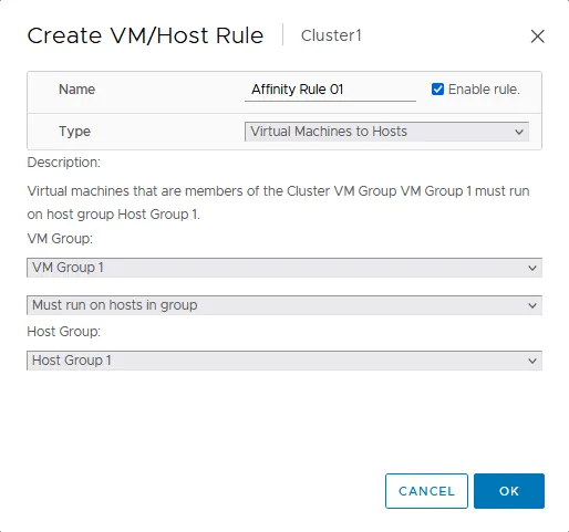 Configuring the affinity rule (Virtual Machines to Hosts)
