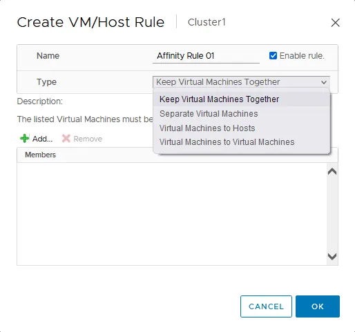 Configuring the affinity rule to keep virtual machines together
