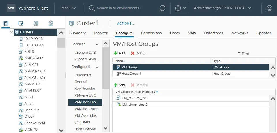 Creating VM/Host groups for the affinity rules in vSphere Client