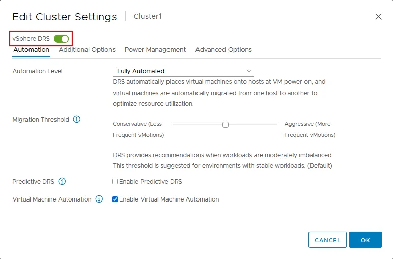 How to configure DRS in VMware vSphere by using vSphere Client