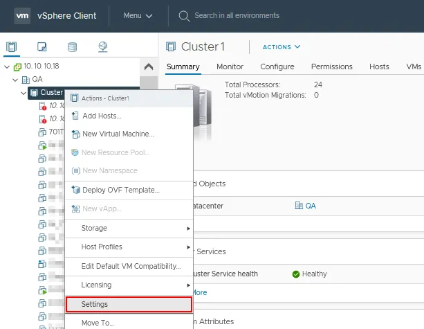 How to configure HA in VMware vSphere – opening cluster settings