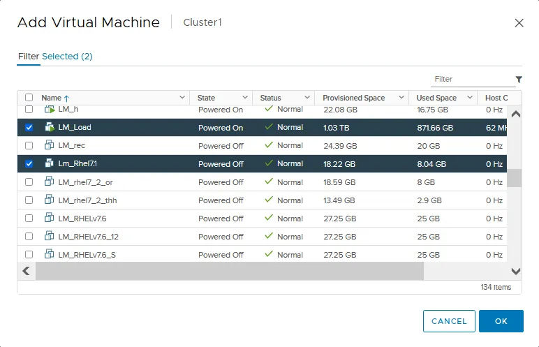 Selecting VMs for the affinity rule in vSphere DRS settings