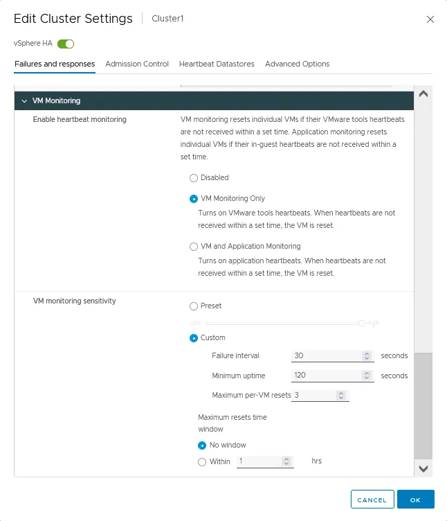 VMware HA settings – VM monitoring