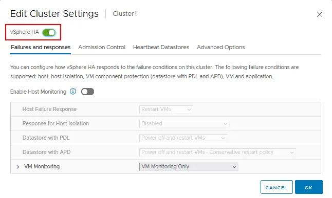 VMware High Availability setup in vSphere 7