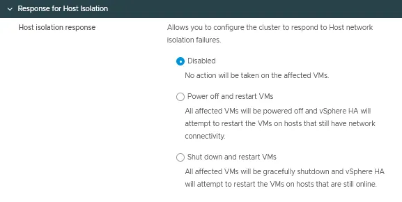 VMware cluster configuration – host isolation response for HA