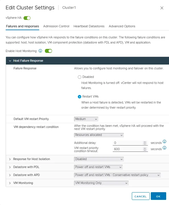 VMware cluster setup and HA configuration