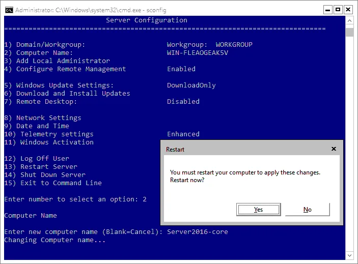 Finishing Windows Server 2016 setup and restarting a computer