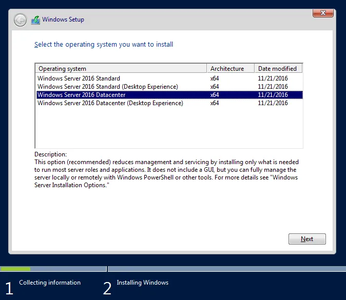 How to install a Windows Server core - selecting the operating system