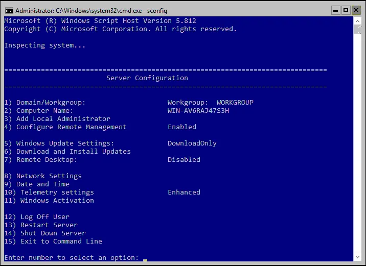 Windows Server 2016 setup – server core configuration in the command line
