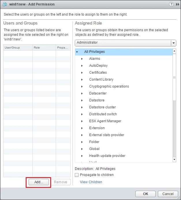<code>Add Permission</code>” src=”/blog/wp-content/uploads/2017/03/add-permission.png” alt=”VMware vSphere Web Client – Add Permission” /></li>
<li>The <b><code>Add Permission</code></b> dialog opens where we can <b><code>Add</code></b> a user and select a role.<img decoding= VMware vSphere Web Client - Add User