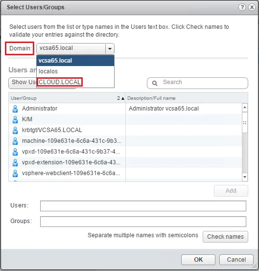 Choose Domain VMware vSphere Web Client - Choose Domain