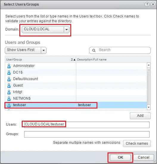 Select User VMware vSphere Web Client - Select User