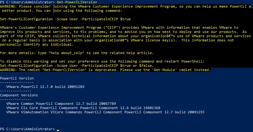 Checking the version after installing PowerCLI