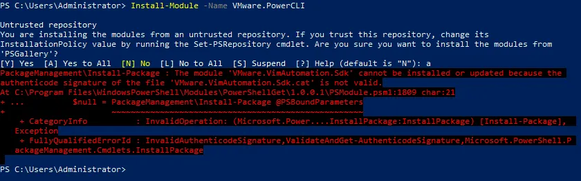 How to install PowerCLI via PowerShell (PS Gallery) - error message