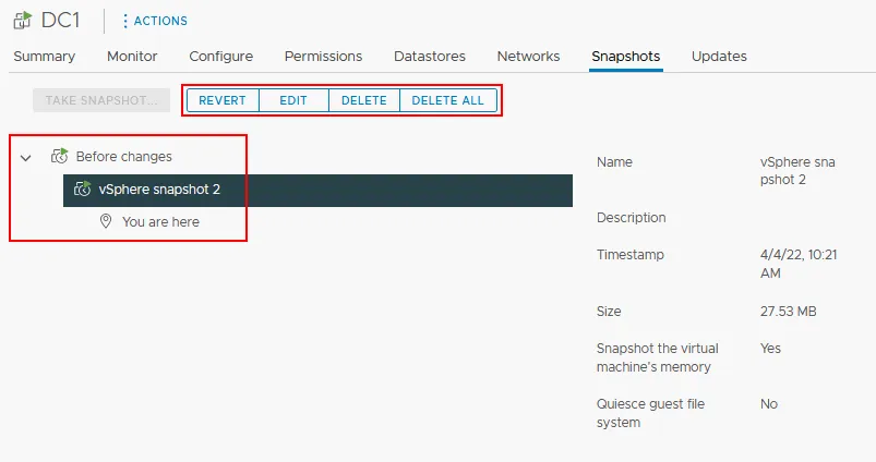 A vSphere snapshot has been created