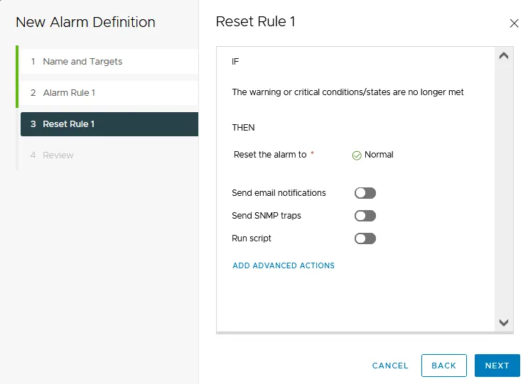Configuring a reset rule to send notifications