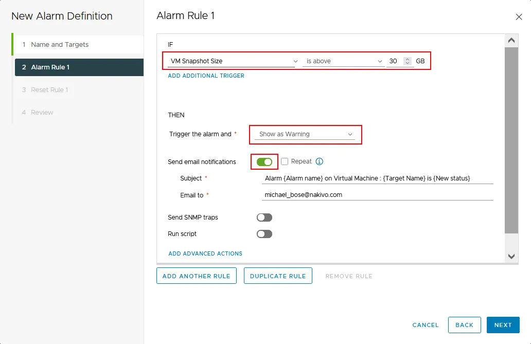 Configuring a vSphere snapshot alarm rule