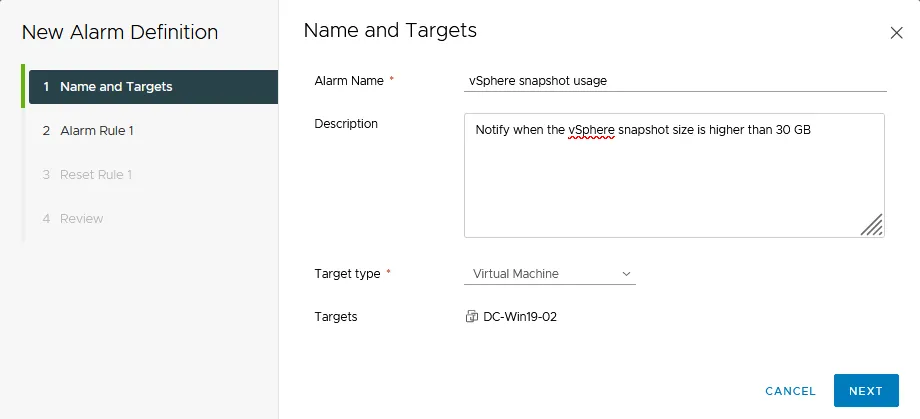 Creating a new vSphere snapshot alarm rule