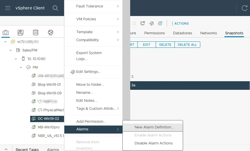 Creating snapshot alarms according to VMware snapshot best practices