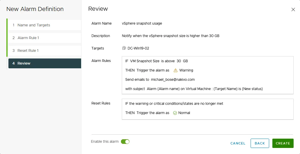 The alarm notification is sent if the VMware snapshot file size is above 30 GB