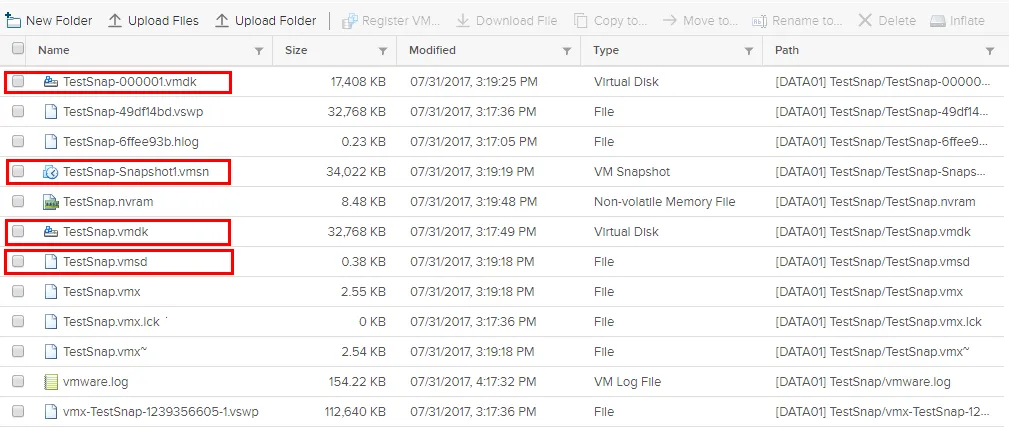 VMware snapshot storage – viewing snapshot files and other VM files