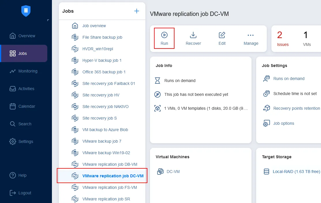 A VMware replication job is created