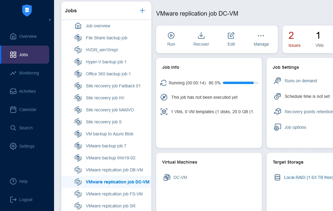 A VMware replication job is running