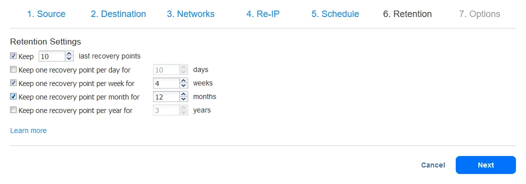 Configuring retention settings for a replication job
