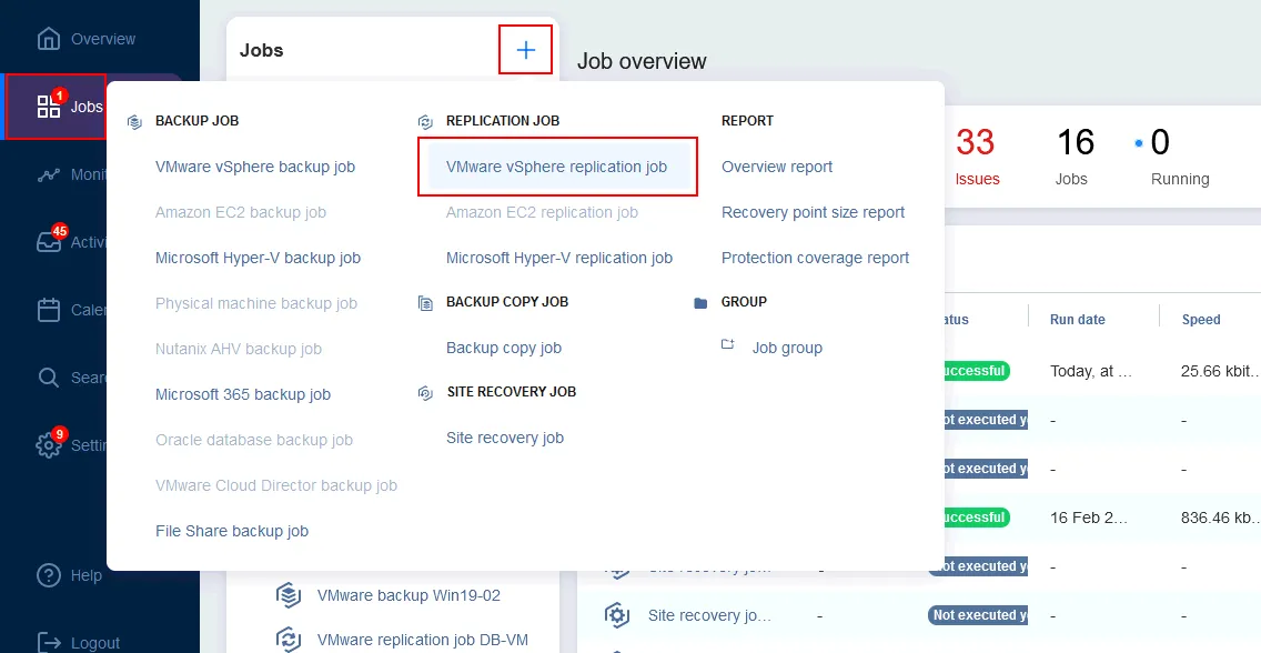 Creating VMware vSphere replication job in the web interface of NAKIVO Backup & Replication