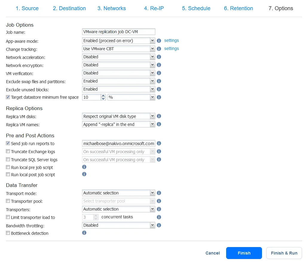 Job options for disaster recovery replication