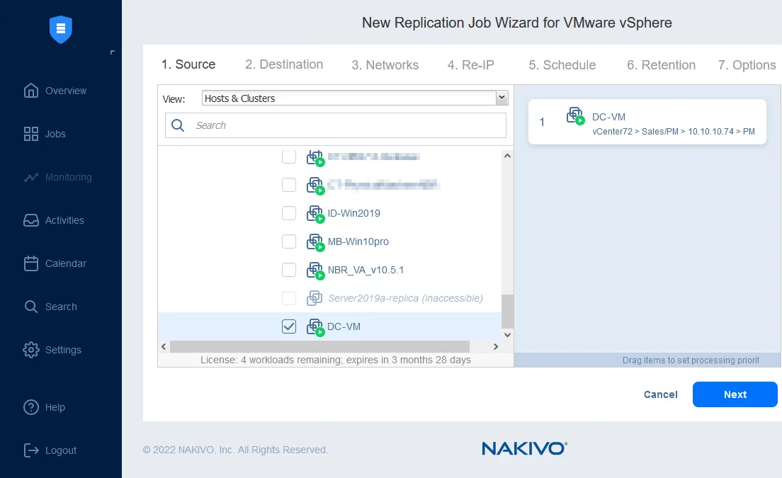 Selecting a VM for replication