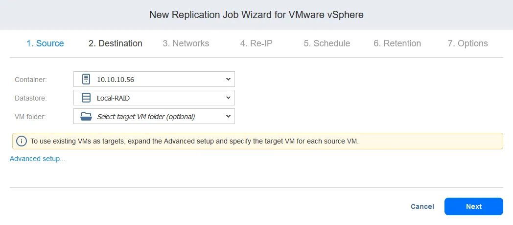 Selecting destination host and storage for a VM replica