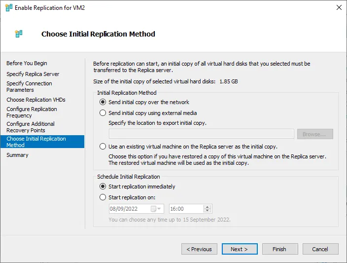 Choosing the initial VM replication method