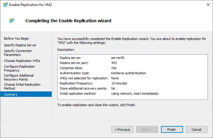 Completing the Enable replication wizard