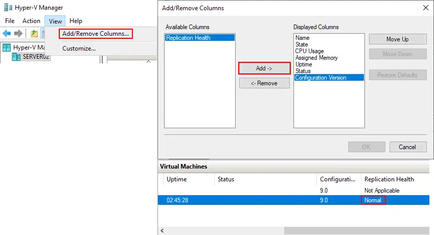 Editing Hyper-V configuration to check VM replication status