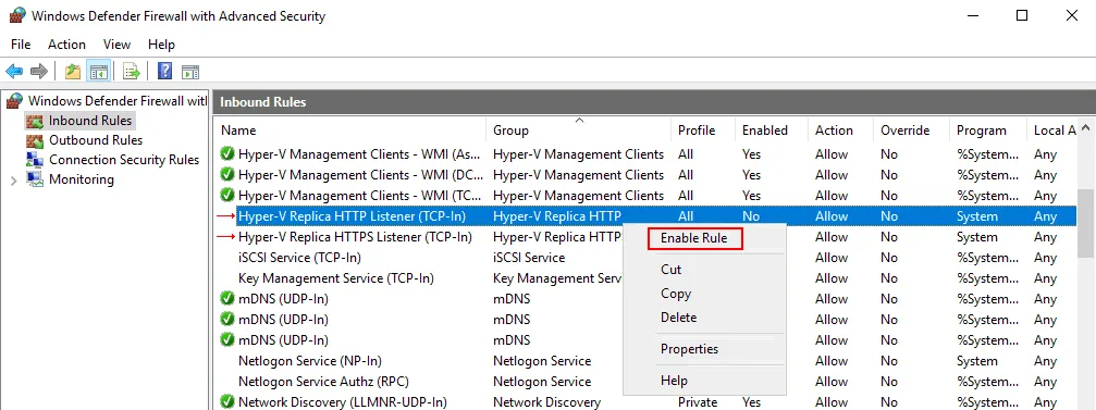 Enabling rules in Windows Defender Firewall to set up Hyper-V replication