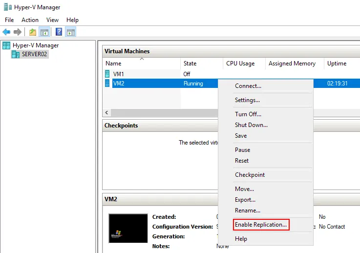 How to enable replication in Hyper-V