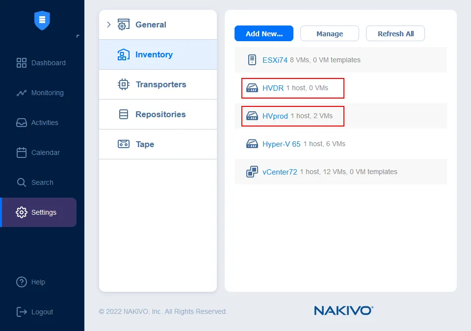 Hyper-V configuration contains two Hyper-V hosts for VM replication