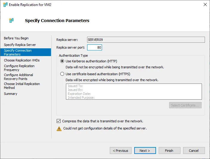 Setting up Hyper-V connection parameters for VM replication