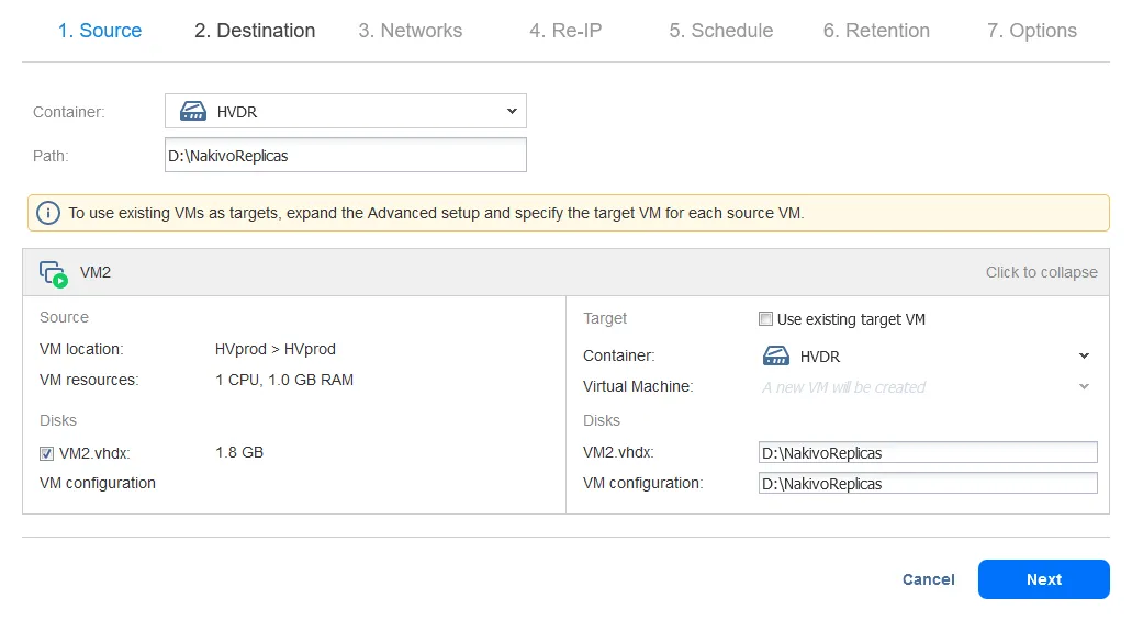 Setting up Hyper-V replication requires selecting a destination server