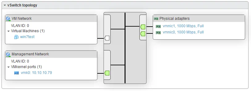 A simple topology of vSwitch with two port groups.