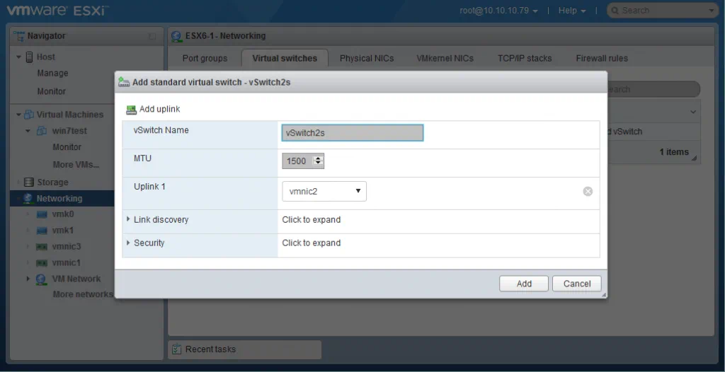 Adding a standard VMware virtual switch