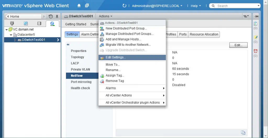 Distributed vSwitch settings window