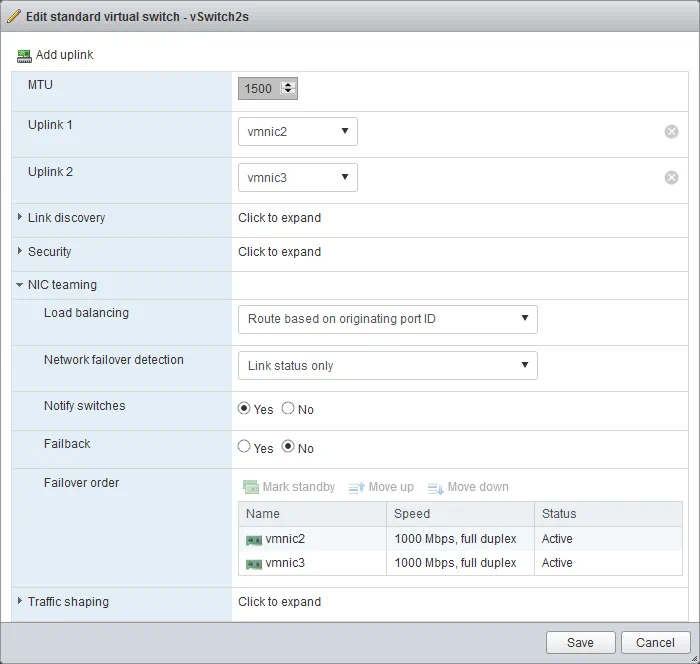 Editing the settings of standard virtual switch