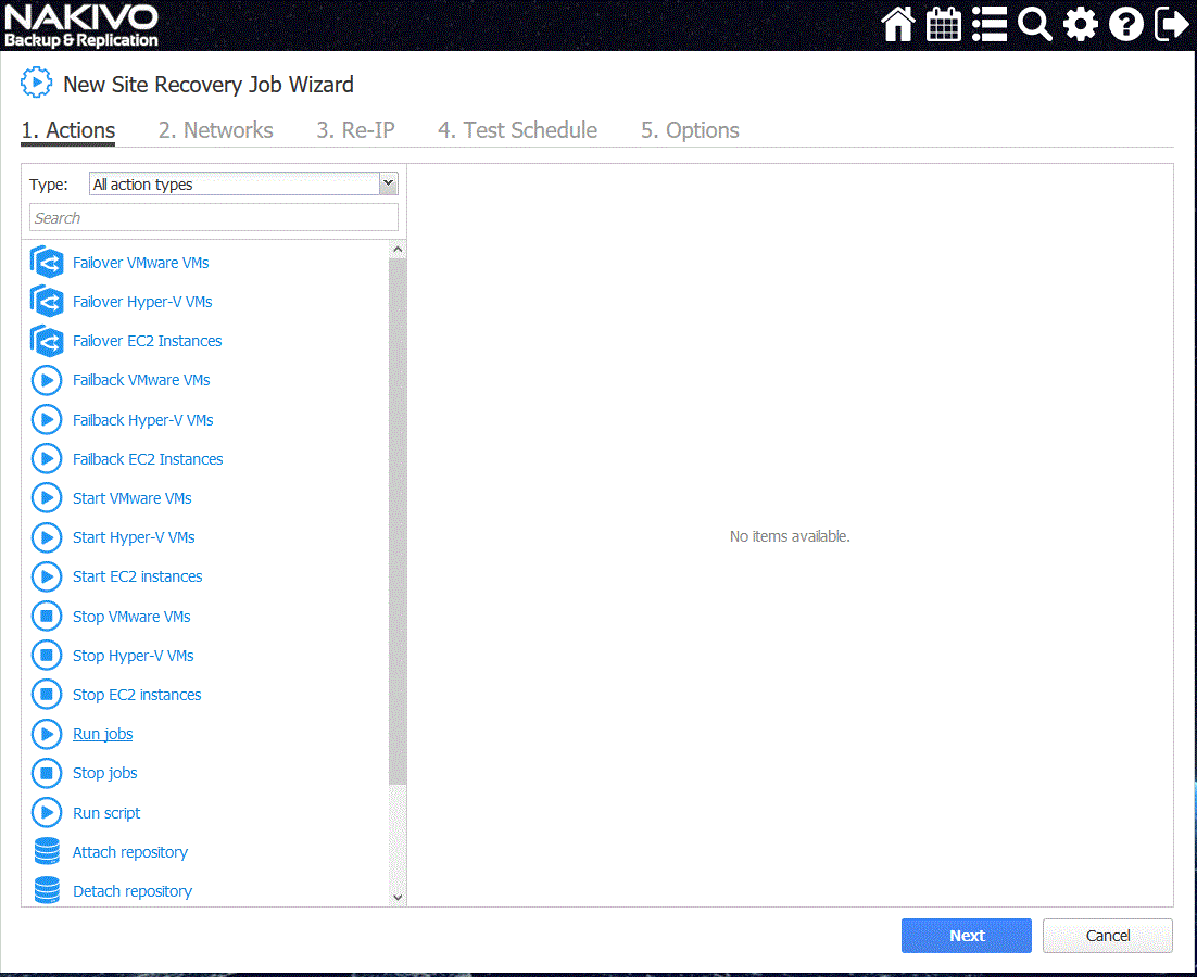 Disaster recovery replication Actions tab of the New Site Recovery Job Wizard.