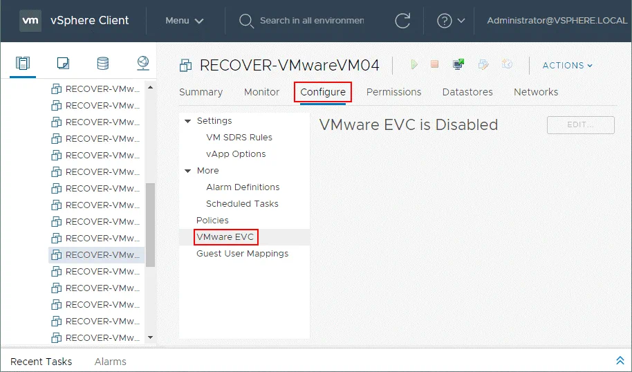 Configuring the per VM EVC mode in the VM settings