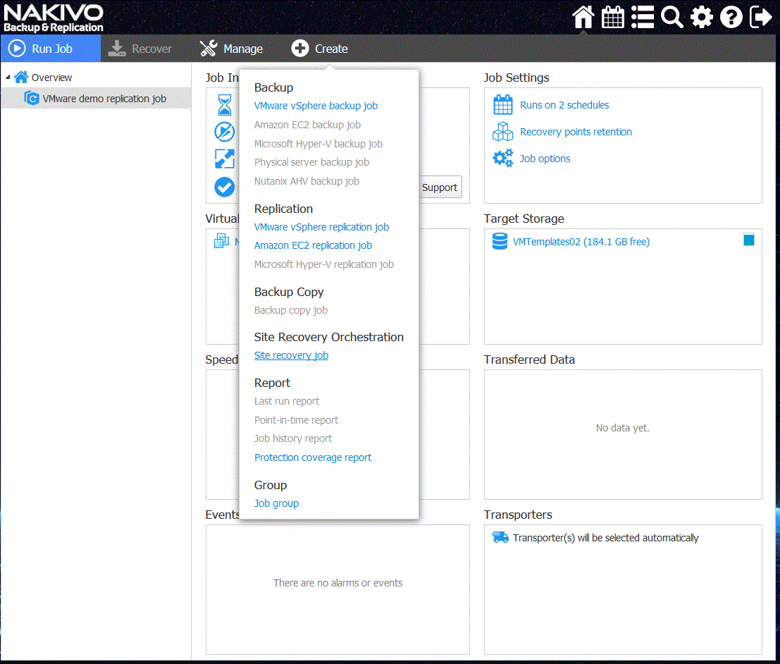 Disaster recovery replication Create menu on the main UI of NAKIVO Backup & Replication
